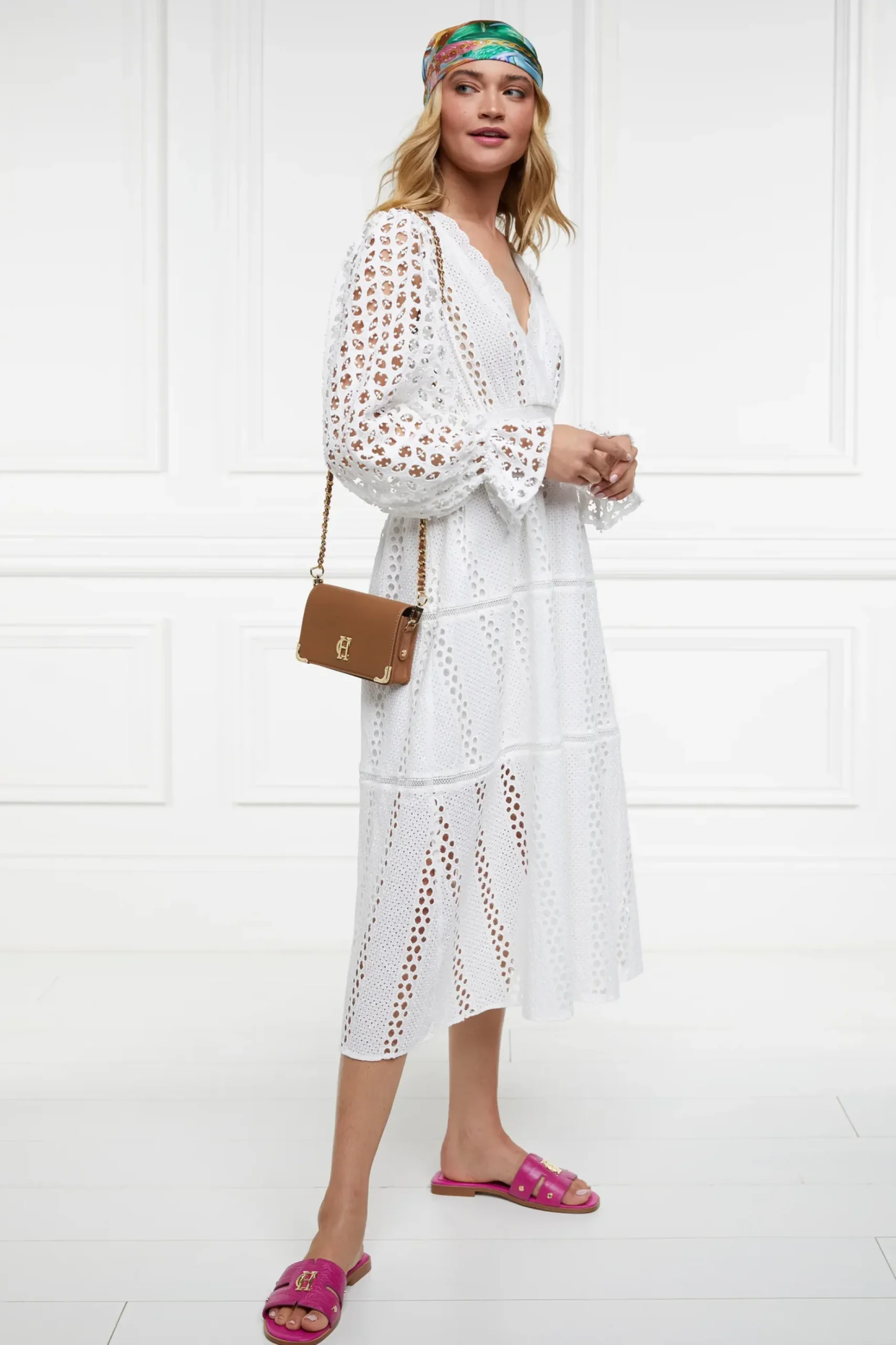 Broderie Lace V-Neck Midi Dress